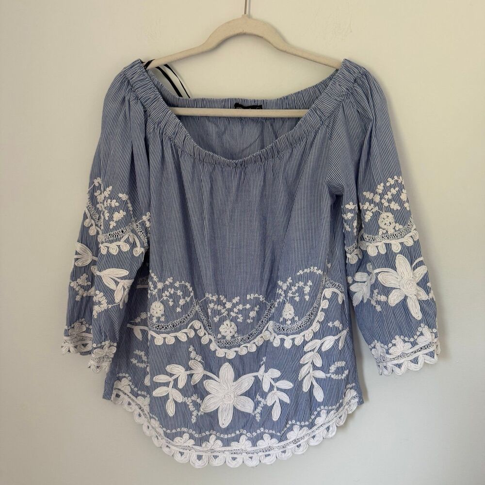 BLANKNYC Blue White Striped Off The Shoulder Top Floral Embroidered Eyelet Boho